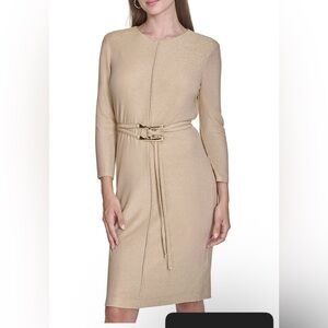 Halston Women's 3/4 Sleeve Crew Neck Belted Solid Knit Midi Sheath Dress